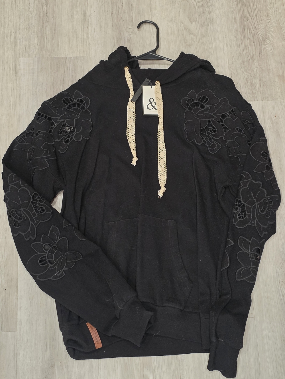 AMPERSAND AVE Black Hooded Sweatshirt with Floral Appliqué